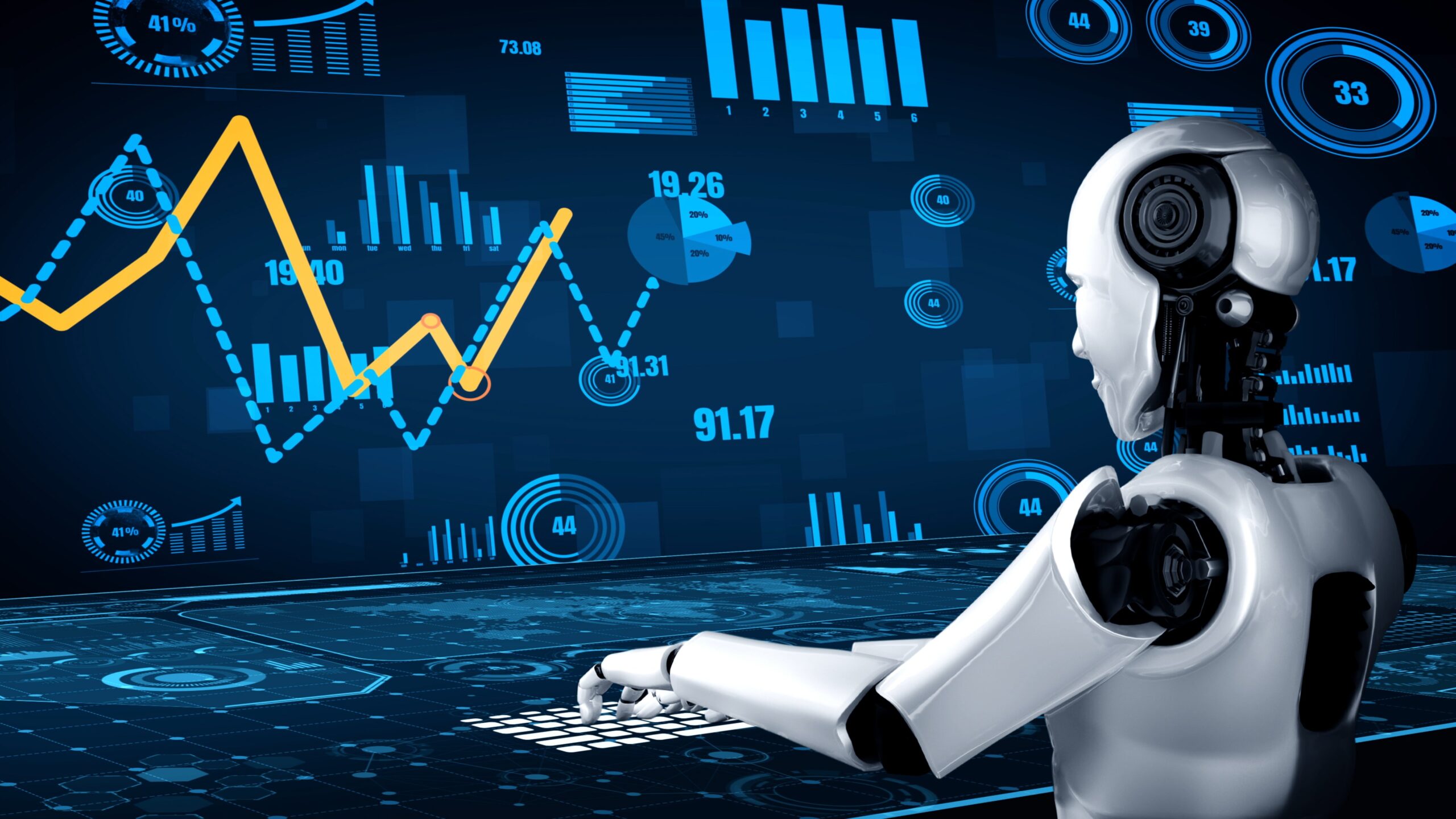 Future financial technology controll by AI robot huminoid uses machine learning Future financial technology controll by AI robot huminoid uses machine learning and artificial intelligence to analyze business data and give advice on investment and trading decision . 3D rendering .