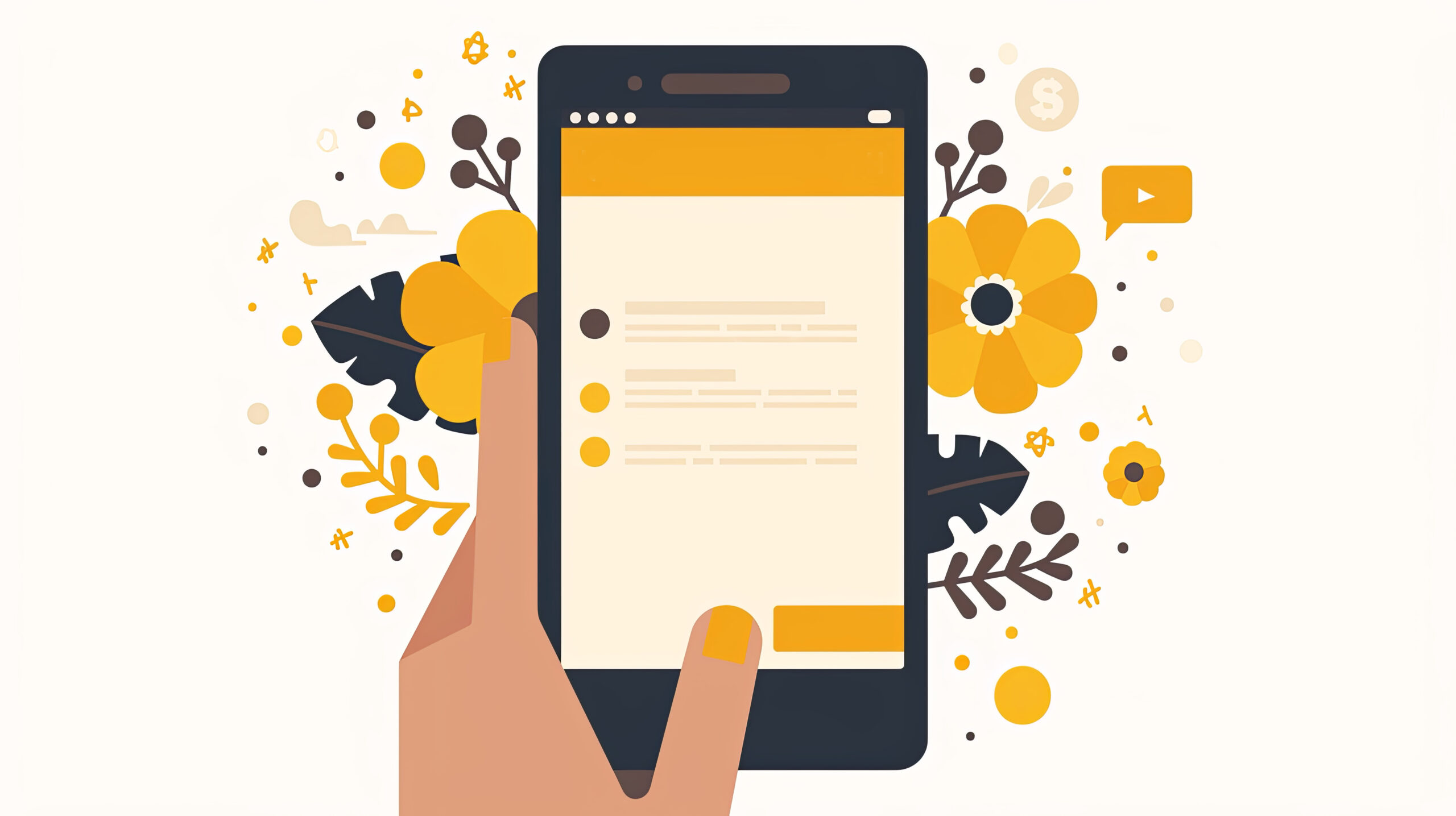 hand-holding-smartphone-with-text-message-floral-design Text message on phone - Hand holding mobile smartphone, texting and reading messages on screen. Front view flat design vector illustration with white background. Hand drawn illustration --ar 16:9 --style raw --stylize 750 --niji 6 Job ID: b10fb1da-38c0-454d-bdaf-522f8d786b8d