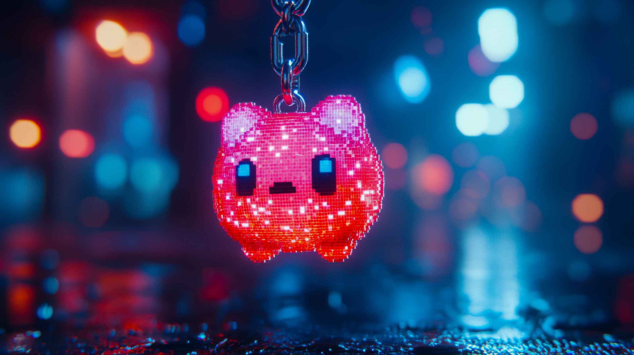 Pixelated red cat keychain glowing in vibrant urban night setting Pixelated red cat keychain glowing in vibrant urban night setting