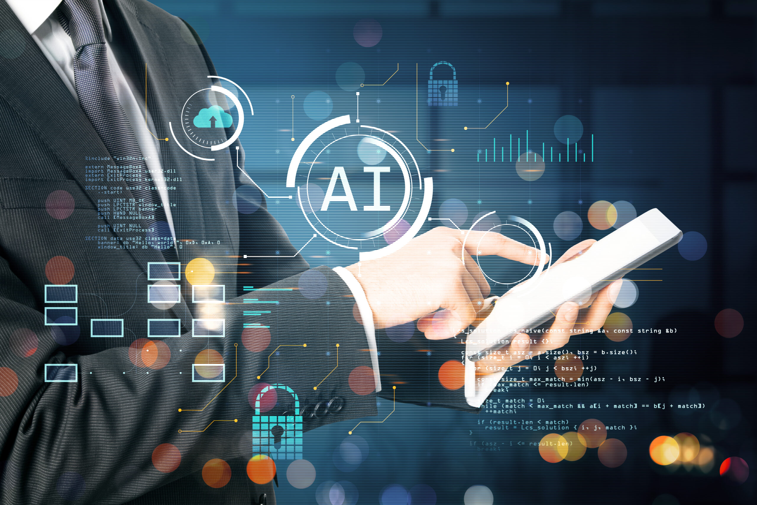 A person with digital interface graphics overlay representing AI, against a blurred office background, conveying a technology concept A person with digital interface graphics overlay representing AI, against a blurred office background, conveying a technology concept
